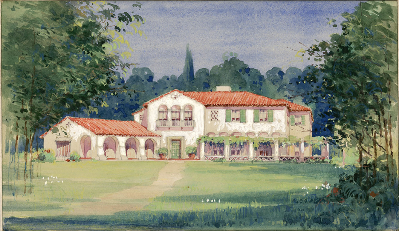Image is a color pencil drawing of a Spanish style mansion.  The mansion is white with red roof and is located in a green space surrounded by trees.