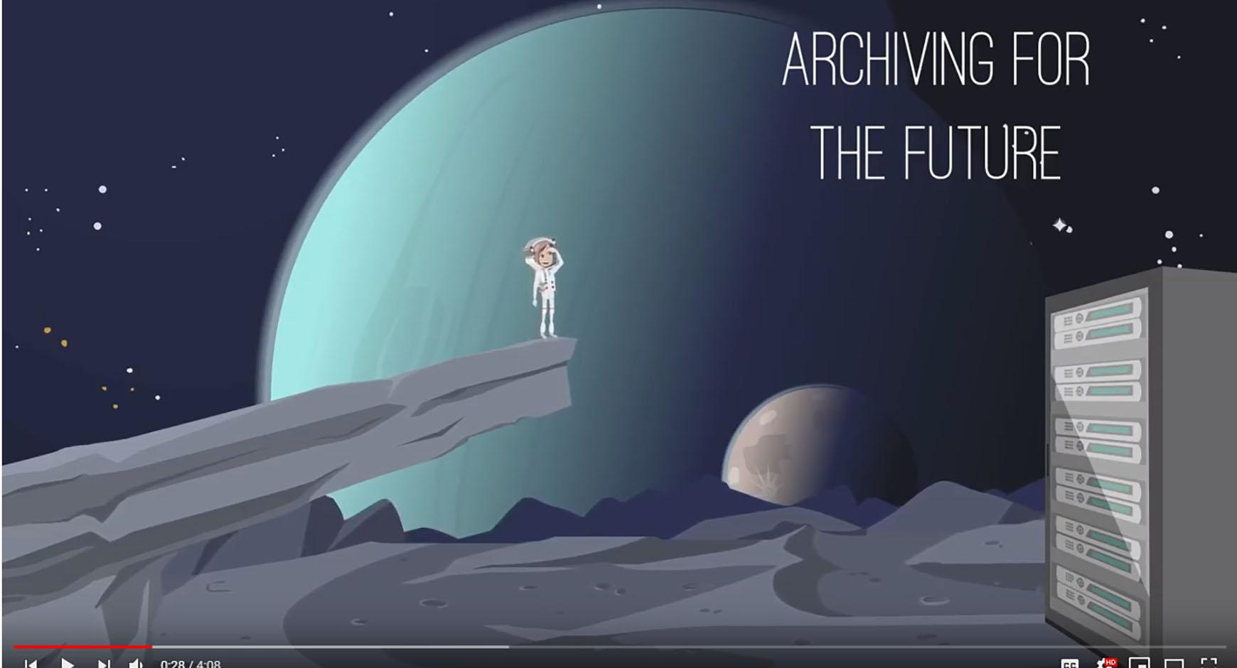 The image is a video screenshot of animated astronaut on moonscape. The words "Archiving for the Future" are printed in the upper right corner.