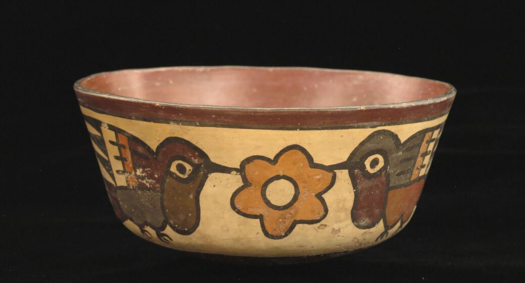 colombian pottery artifact bowl with hummingbird design
