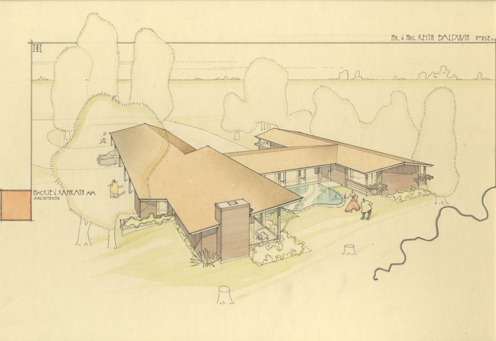 Image is a birds-eye view, color rendering of the Kim Baldwin residence.  From the Karl Kamrath collection.