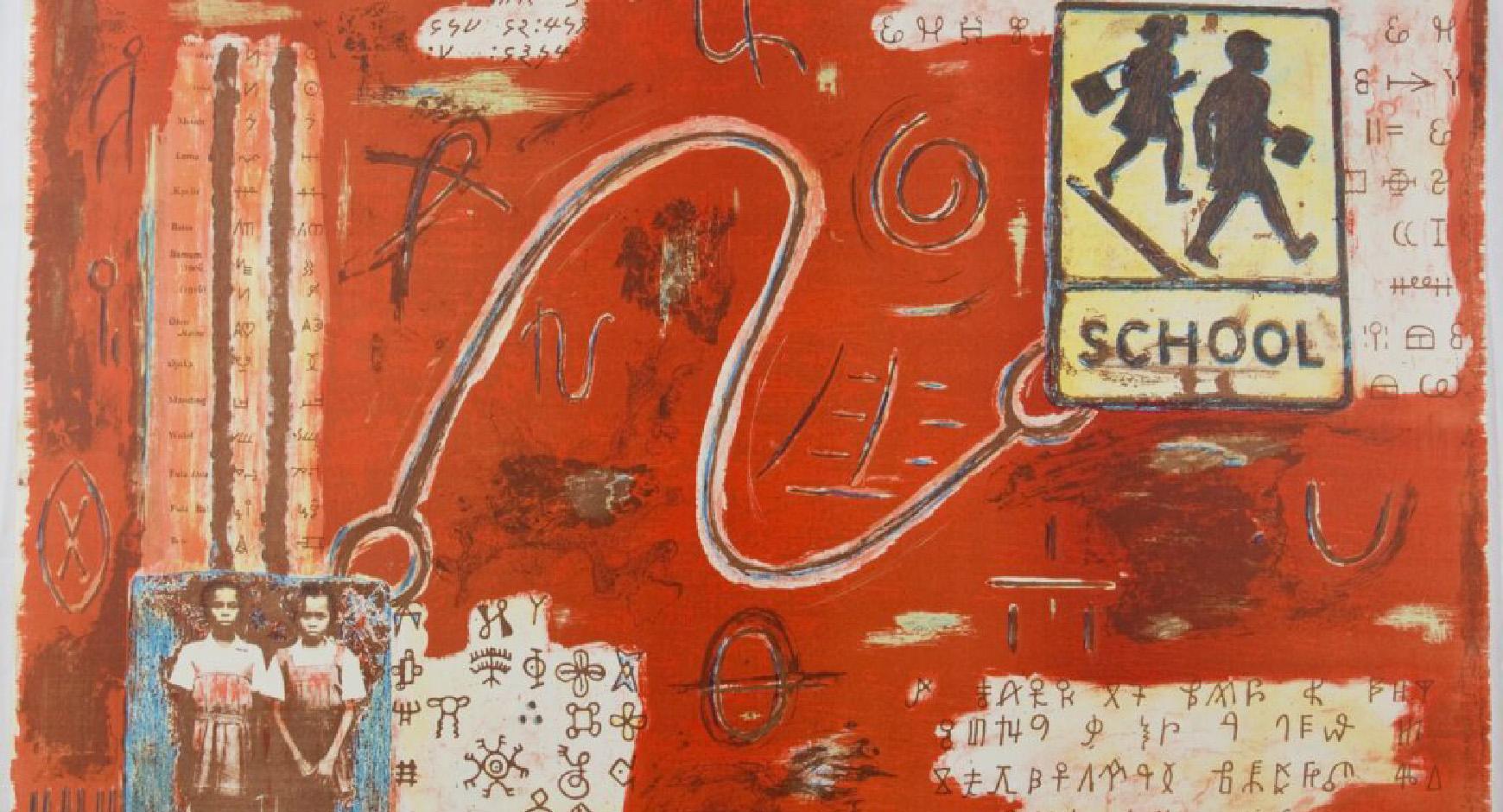 The image is a piece of folk-inspired modern art by Terry Boddie.  It features two school-aged girls dressed in mid-20th century clothes in the bottom left and a traditional yellow school crossing traffic sign in the upper right.  The two images seem to be connected by a grasping cord and are painted onto a field of red.