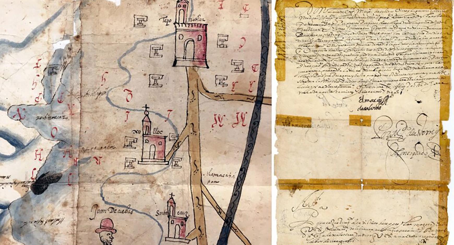 Pictorial representation of the lands owned by the Jesuit College of Tepozotlán, circa 1600–1625 (left). Viceregal decree ordering Tepozotlán’s repartidor to provide the Jesuit college with Native laborers, August 18, 1610 (right). Edmundo O’Gorman Collection