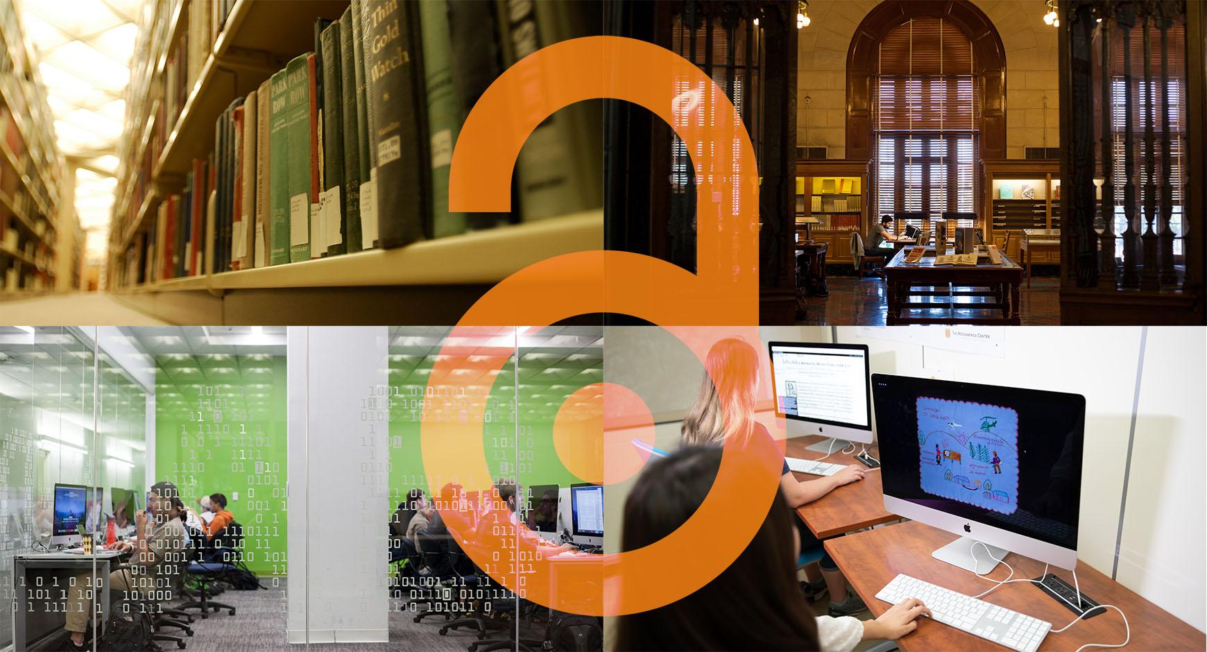 four images of libraries with an open access symbol superimposed